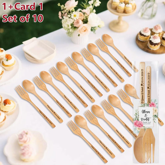 Personalized Wedding Favors with Thank You Cards, Custom Wooden Spoons & Forks, Housewarming Party Favors, Gifts for Party Guests Set of 10-100