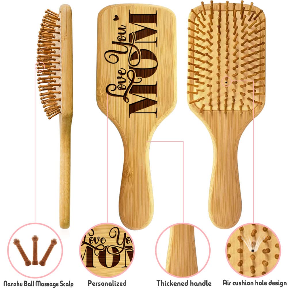 Gifts for Mom, Personalized Hair Brush, Love you Mom Natural Wooden Comb - Happy Mother`s Day Valentine's Day Birthday Christmas Wedding Anniversary Thanksgiving Present for Mom