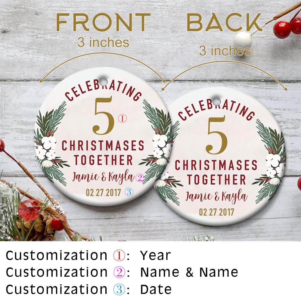 Personalized Christmas Ornaments for Couples, Custom Any Years & Names & Date Wedding for Parents, Grandparents, Wife, Husband, Ceramic Keepsake for Christmas Tree Hanging Decoration