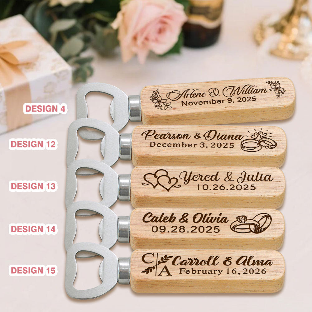 Personalized Wedding Favor Gifts for Guest, Wooden Bottle Openers Set with customized Couple's Name & Wedding Date, Pack of 15 - 100