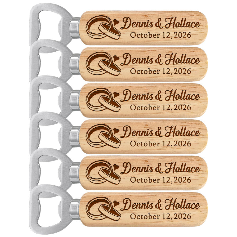 Personalized Wedding Favor Gifts for Guest, Wooden Bottle Openers Set with customized Couple's Name & Wedding Date, Pack of 6 - 150