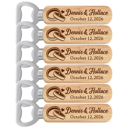 Personalized Wedding Favor Gifts for Guest, Wooden Bottle Openers Set with customized Couple's Name & Wedding Date, Pack of 6 - 150