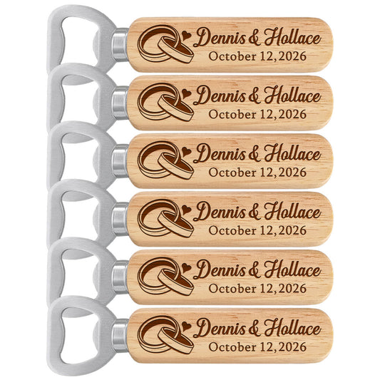 Personalized Wedding Favor Gifts for Guest, Wooden Bottle Openers Set with customized Couple's Name & Wedding Date, Pack of 6 - 150