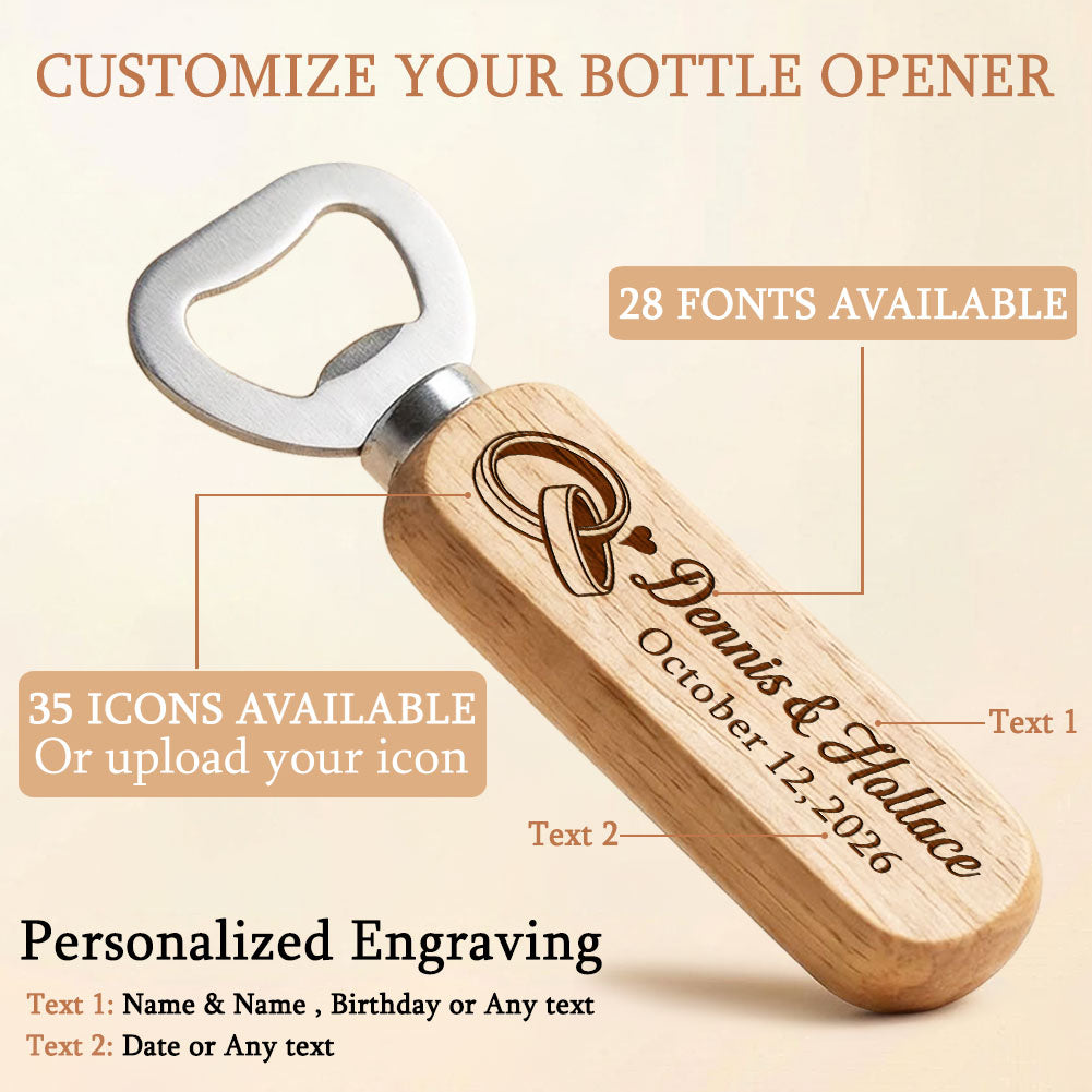 Personalized Wedding Favor Gifts for Guest, Wooden Bottle Openers Set with customized Couple's Name & Wedding Date, Pack of 6 - 150