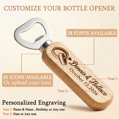 Personalized Wedding Favor Gifts for Guest, Wooden Bottle Openers Set with customized Couple's Name & Wedding Date, Pack of 6 - 150