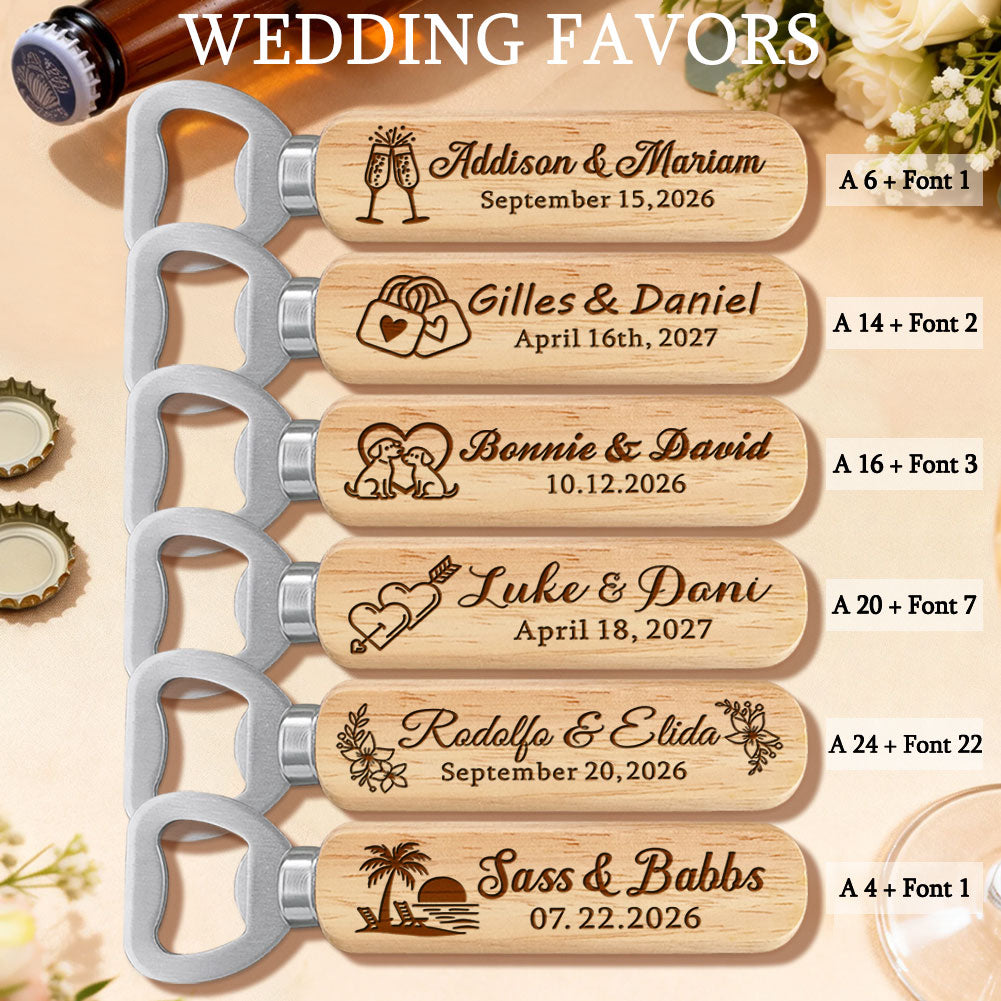Personalized Wedding Favor Gifts for Guest, Wooden Bottle Openers Set with customized Couple's Name & Wedding Date, Pack of 6 - 150
