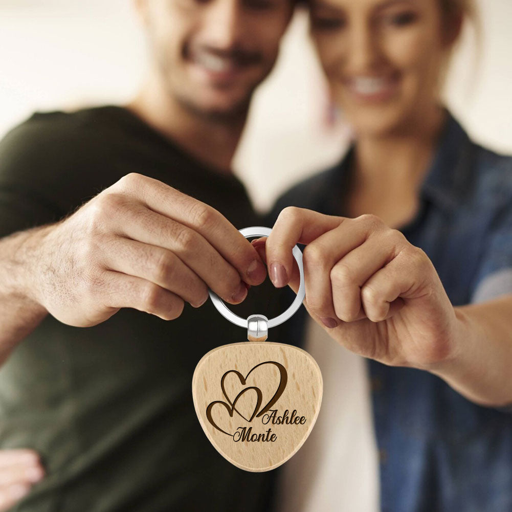 Personalized Name Wooden Keychain - Custom Engraved Key Chain, Handmade Gift for Couples, Newlyweds, Anniversary, Christmas, Valentine's Day Gift Idea