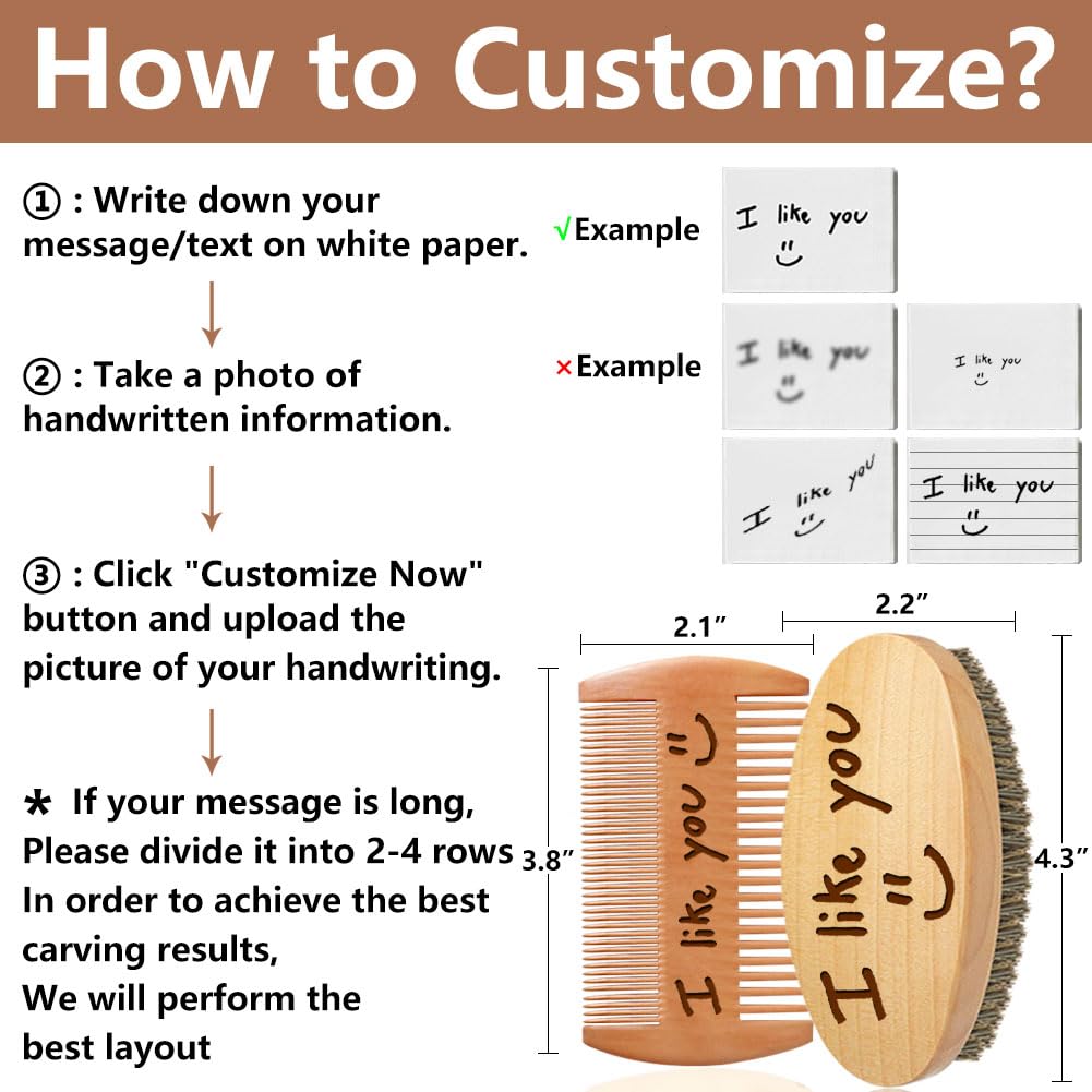 Personalized Handwriting Pattern Beard Comb & Beard Brush Set for Men - Natural Boar Bristle Brush and Dual Action Wood Comb w/Velvet Travel Pouch and Gift Box, Ideal for Grooming Beards and Mustache