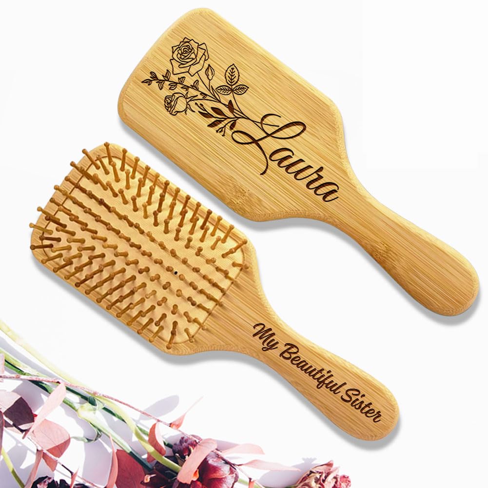 Personalized Hair Brush Gifts for Sister from Sister, Custom Name & Birth Month Flower Comb for Best Friends, Natural Wooden Brush Christmas Birthday Gifts for Soul Sisters