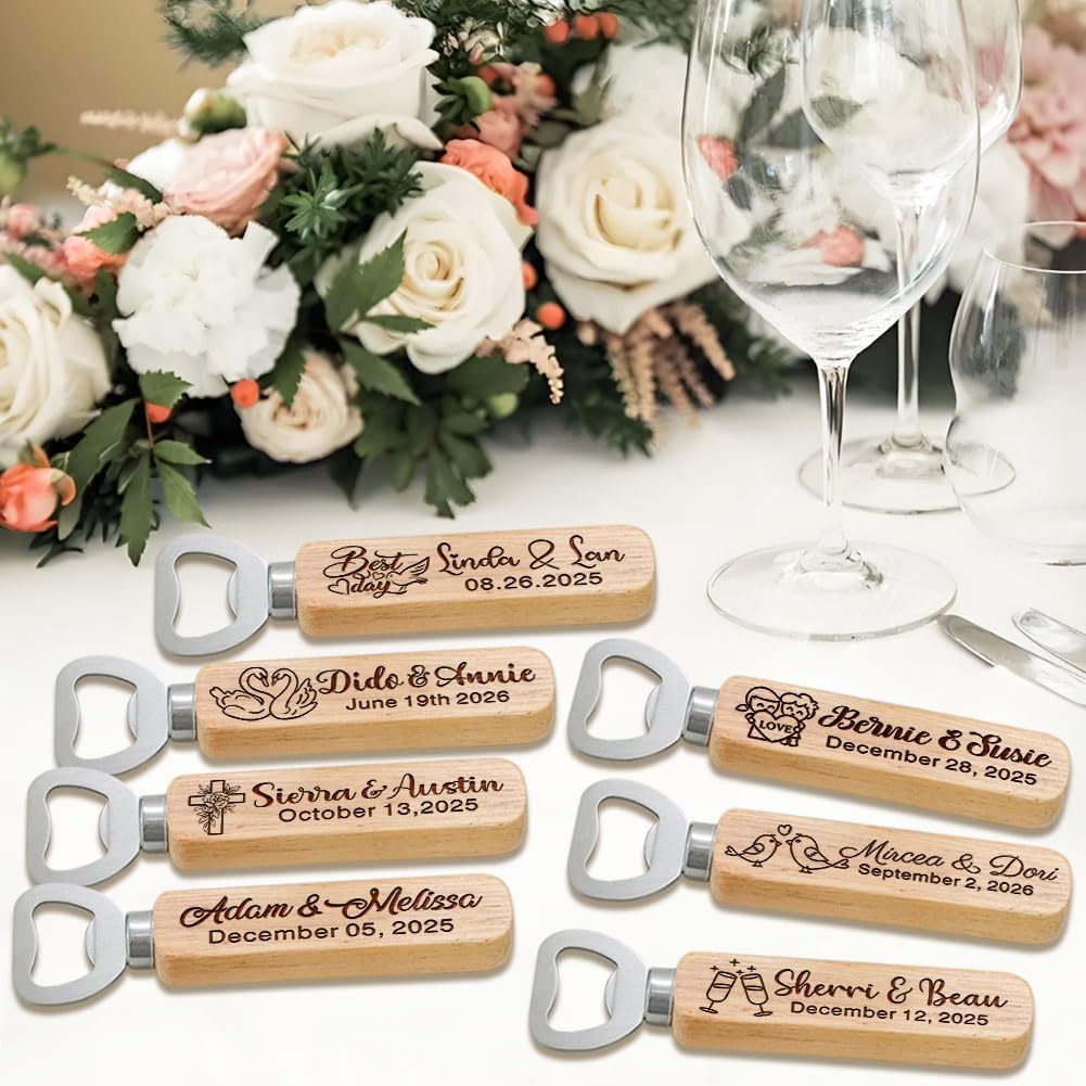 Personalized Wooden Bottle Opener for Wedding Favour, Customizable Names and Date, Set of 10-300,