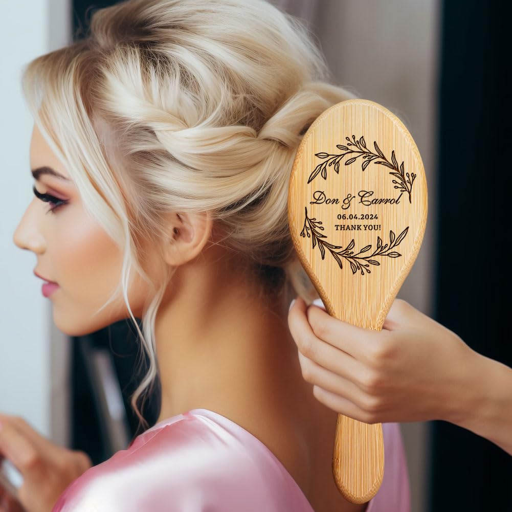 Wedding Favor Gifts for Guests, Personalized Name Hair Brush, Custom Natural Wooden Combs, Pack of 10 - 100