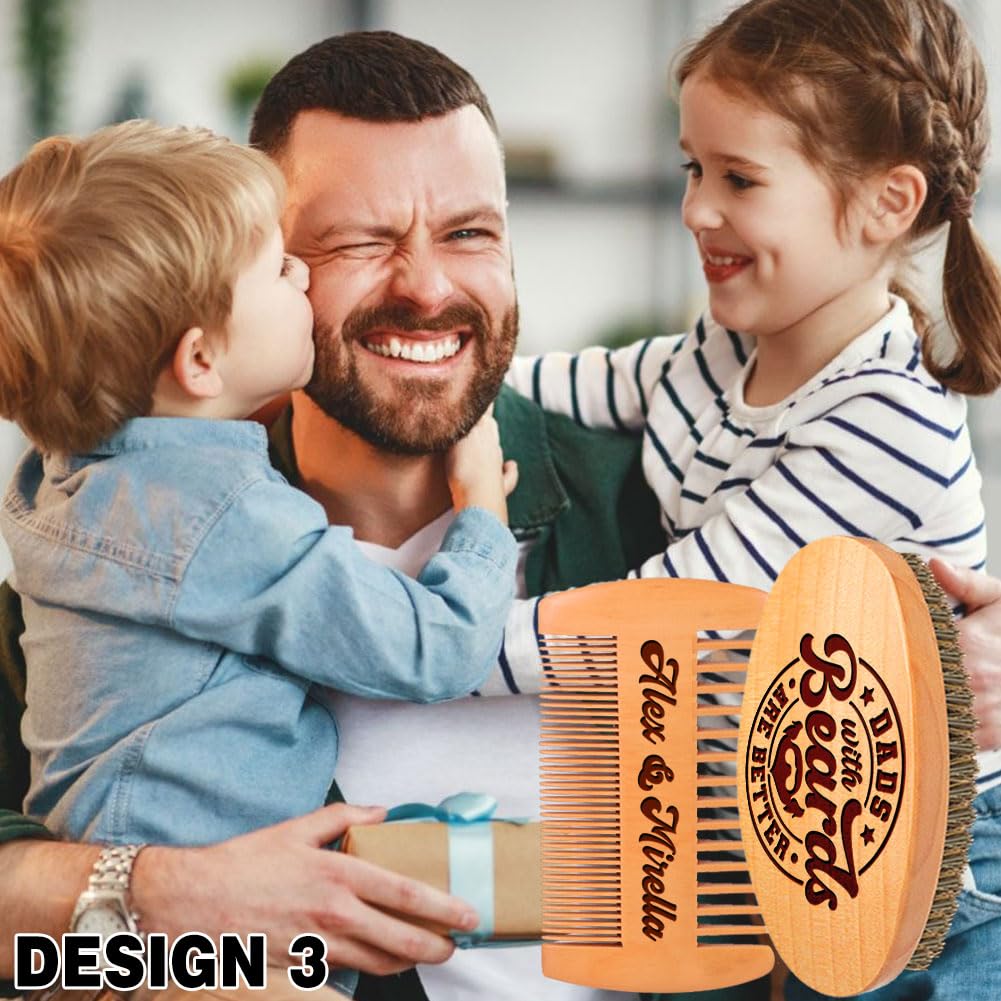 Personalized Wooden Beard Grooming Set Gifts for Dad, Boar Bristle Brush and Comb with Custom Name Engraving, Father's Day, Birthday, Christmas Gifts for Grandpa, Gift Box Included