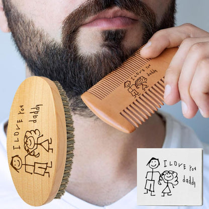 Personalized Handwriting Pattern Beard Comb & Beard Brush Set for Men - Natural Boar Bristle Brush and Dual Action Wood Comb w/Velvet Travel Pouch and Gift Box, Ideal for Grooming Beards and Mustache