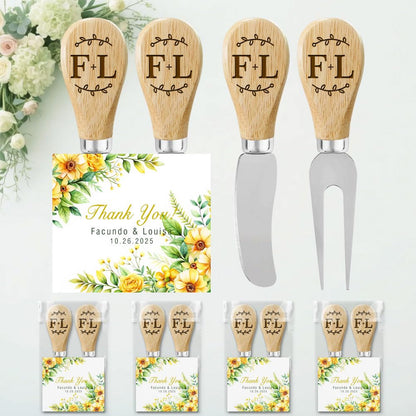 Personalized Wedding Favors with Thank You Cards, Custom Wooden Cheese Knife and Fork, Housewarming Party Favors Set of 6-100