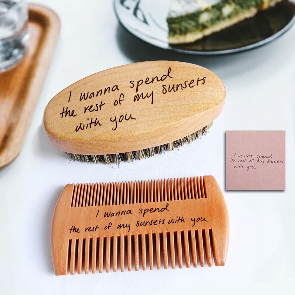 Personalized Handwriting Pattern Beard Comb & Beard Brush Set for Men - Natural Boar Bristle Brush and Dual Action Wood Comb w/Velvet Travel Pouch and Gift Box, Ideal for Grooming Beards and Mustache