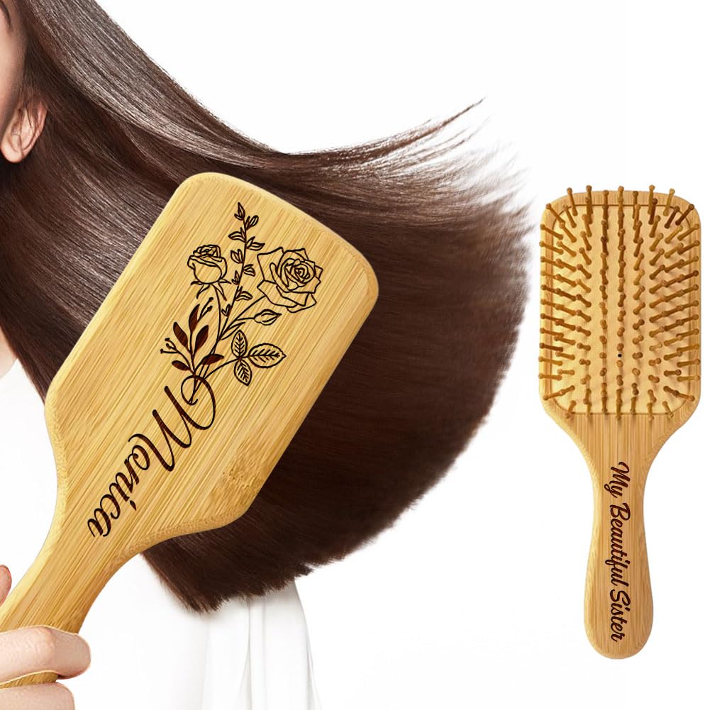 Personalized Hair Brush Gifts for Sister from Sister, Custom Name & Birth Month Flower Comb for Best Friends, Natural Wooden Brush Christmas Birthday Gifts for Soul Sisters