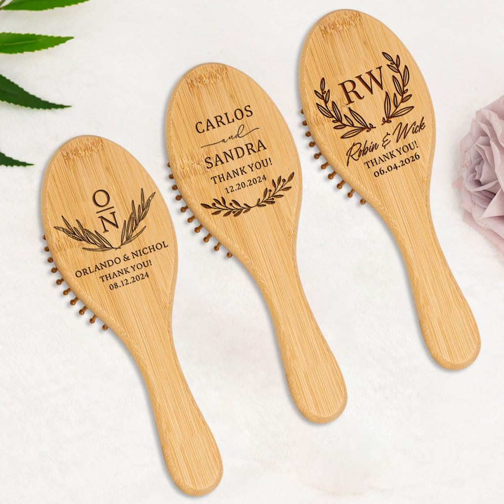 Wedding Favor Gifts for Guests, Personalized Name Hair Brush, Custom Natural Wooden Combs, Pack of 10 - 100
