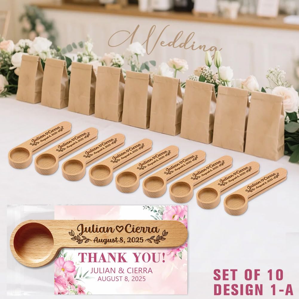 Personalized Wedding Favors with Thank You Cards, Custom Wooden Coffee Scoop/Clip, Bridal Shower Gifts, Birthday, Party Favors Set of 10-100