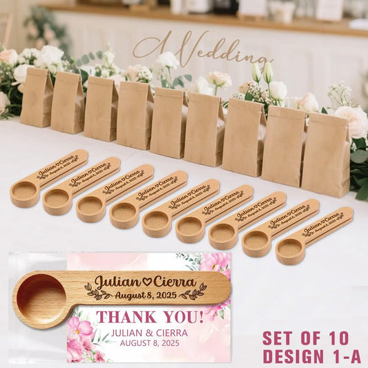 Personalized Wedding Favors with Thank You Cards, Custom Wooden Coffee Scoop/Clip, Bridal Shower Gifts, Birthday, Party Favors Set of 10-100