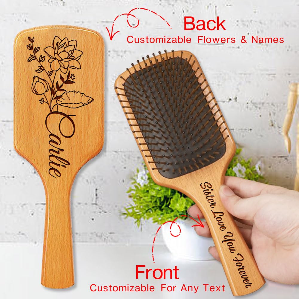Personalized Hair Brush Gifts for Sister from Sister, Custom Name & Birth Month Flower Comb for Best Friends, Natural Wooden Brush Christmas Birthday Gifts for Soul Sisters