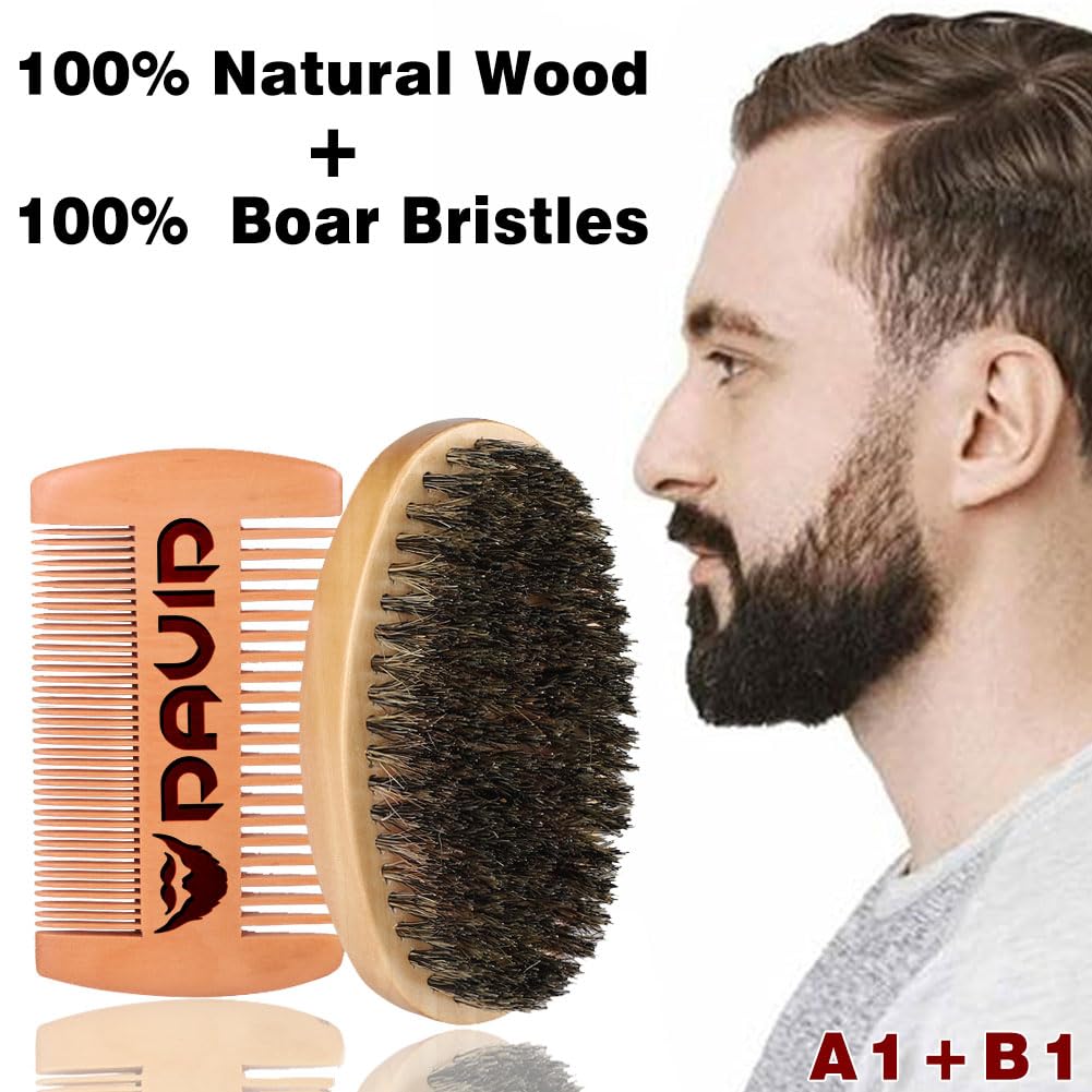 Personalized Name Beard Comb & Beard Brush Set for Men - Natural Boar Bristle Brush and Dual Action Pear Wood Comb w/Velvet Travel Pouch and Gift Box, Ideal for Grooming Beards and Mustache
