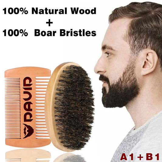 Personalized Name Beard Comb & Beard Brush Set for Men - Natural Boar Bristle Brush and Dual Action Pear Wood Comb w/Velvet Travel Pouch and Gift Box, Ideal for Grooming Beards and Mustache