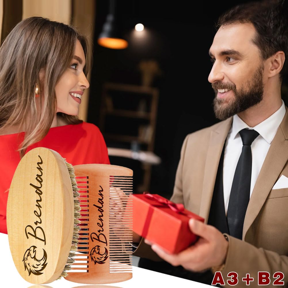 Personalized Name Beard Comb & Beard Brush Set for Men - Natural Boar Bristle Brush and Dual Action Pear Wood Comb w/Velvet Travel Pouch and Gift Box, Ideal for Grooming Beards and Mustache