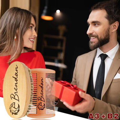 Personalized Name Beard Comb & Beard Brush Set for Men - Natural Boar Bristle Brush and Dual Action Pear Wood Comb w/Velvet Travel Pouch and Gift Box, Ideal for Grooming Beards and Mustache