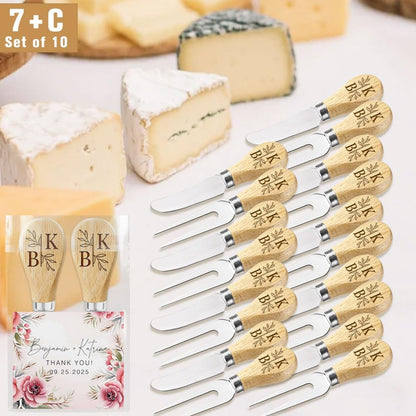 Personalized Wedding Favors with Thank You Cards, Custom Wooden Cheese Knife and Fork, Housewarming Party Favors Set of 6-100