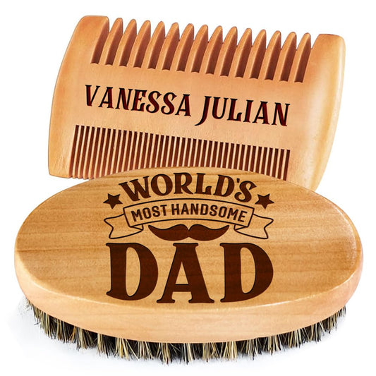 Personalized Wooden Beard Grooming Set Gifts for Dad, Boar Bristle Brush and Comb with Custom Name Engraving, Father's Day, Birthday, Christmas Gifts for Grandpa, Gift Box Included