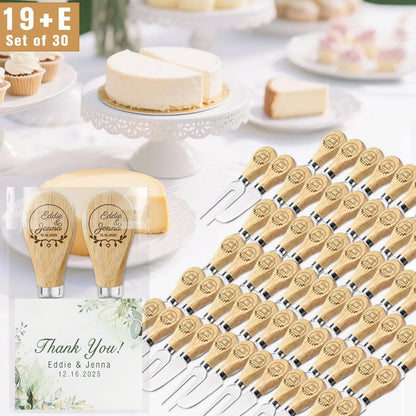 Personalized Wedding Favors with Thank You Cards, Custom Wooden Cheese Knife and Fork, Housewarming Party Favors Set of 6-100