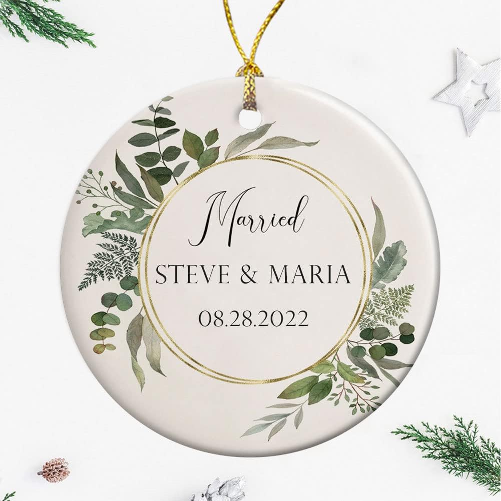 Personalized Names Christmas Tree Ornaments, Customizable Ceramic Ornament, Gifts for Newlyweds, Just Married Couples, First Christmas Married Ornaments 2022, Memorable Gift for Wedding, Engagement