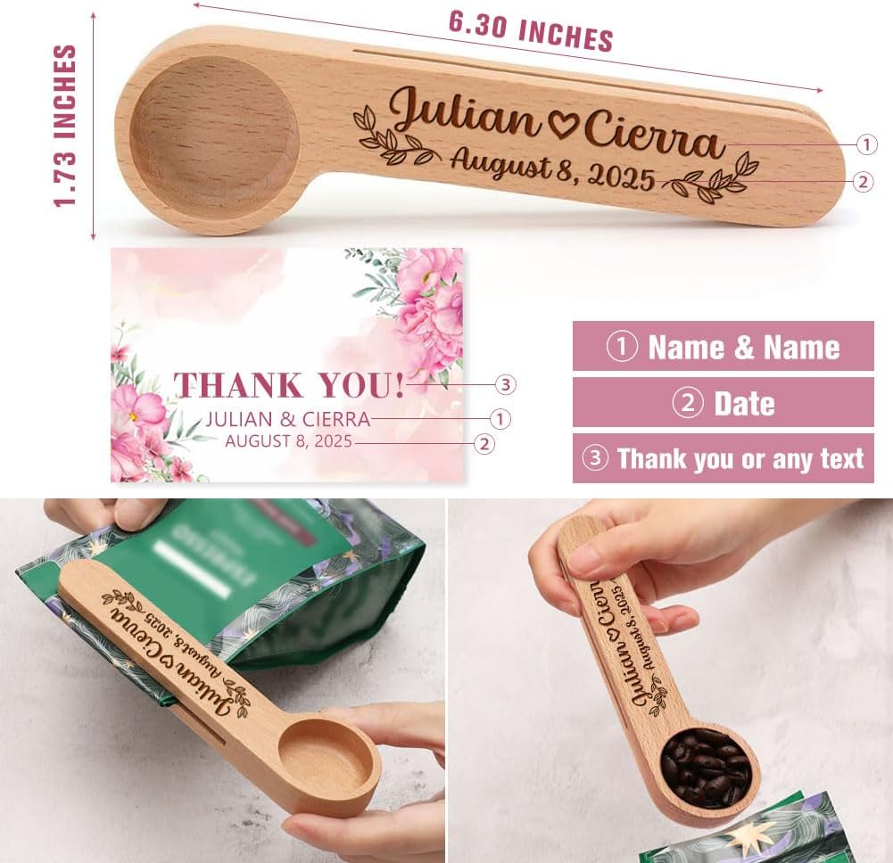 Personalized Wedding Favors with Thank You Cards, Custom Wooden Coffee Scoop/Clip, Bridal Shower Gifts, Birthday, Party Favors Set of 10-100