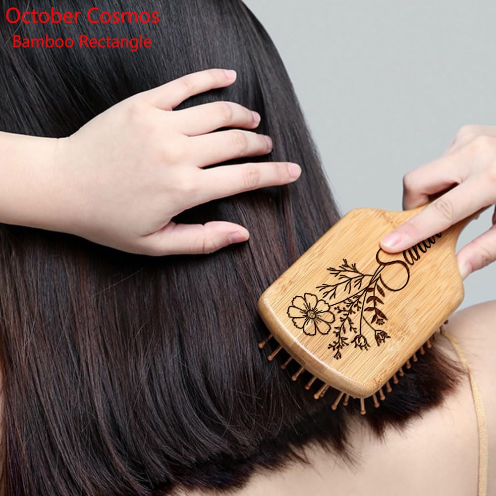 Personalized Wooden Hair Brush for Women, Custom Name & Birth Flower Hair Brush Gifts for Mom, Wife, Sister, Best Friend, Aunt, Grandma