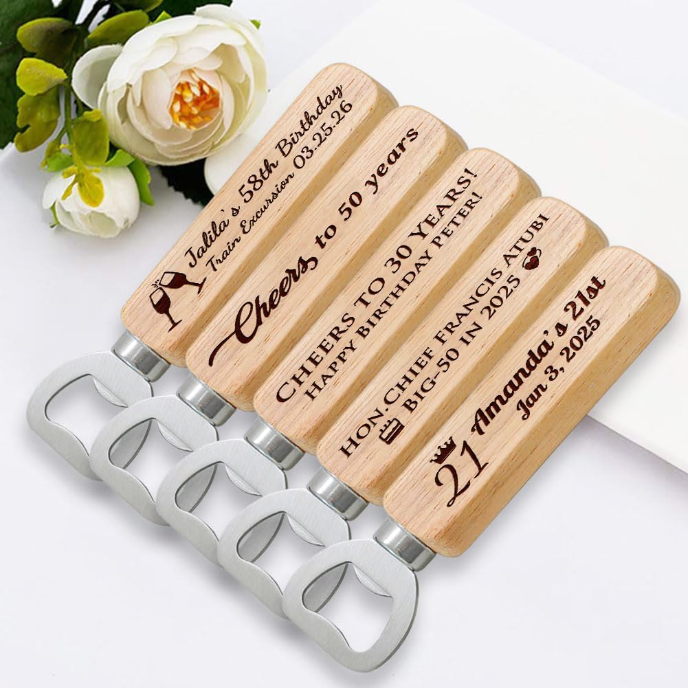 Personalized Wooden Bottle Openers, Birthday Party Favors, Custom Engraved with Names and Date, Set of 1-100