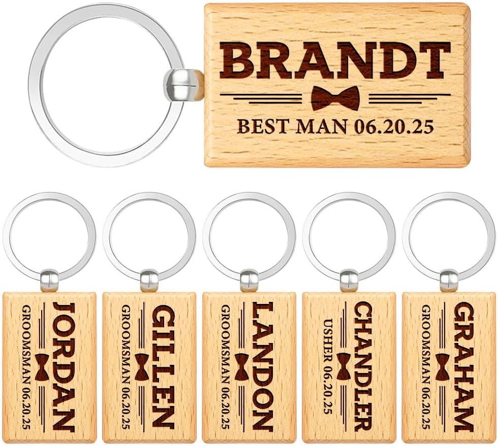 Generic Personalized Groomsman Gifts, Custom Name Wooden Keychain Gift for Best Man, Him, Brother, Boy Friend, Father, Universal, Brown