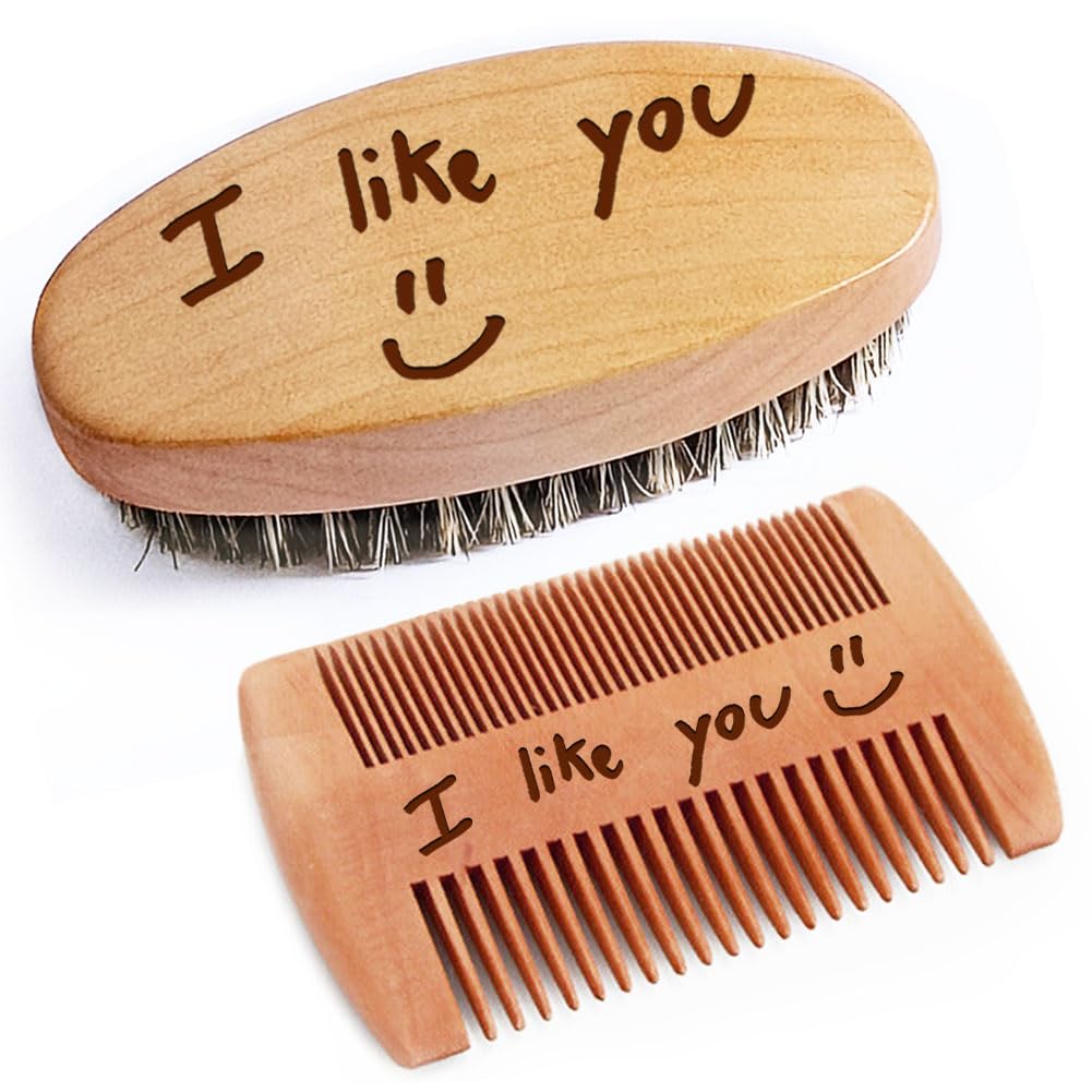 Personalized Handwriting Pattern Beard Comb & Beard Brush Set for Men - Natural Boar Bristle Brush and Dual Action Wood Comb w/Velvet Travel Pouch and Gift Box, Ideal for Grooming Beards and Mustache