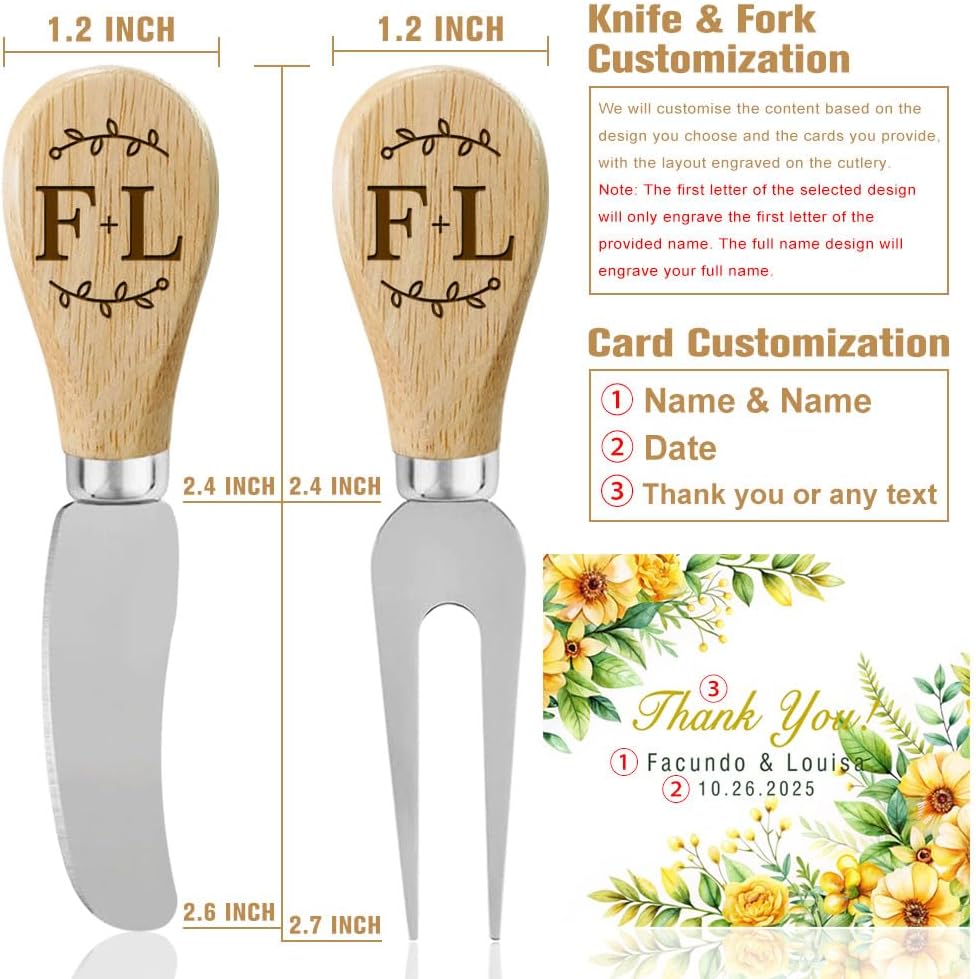 Personalized Wedding Favors with Thank You Cards, Custom Wooden Cheese Knife and Fork, Housewarming Party Favors Set of 6-100