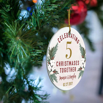 Personalized Christmas Ornaments for Couples, Custom Any Years & Names & Date Wedding for Parents, Grandparents, Wife, Husband, Ceramic Keepsake for Christmas Tree Hanging Decoration