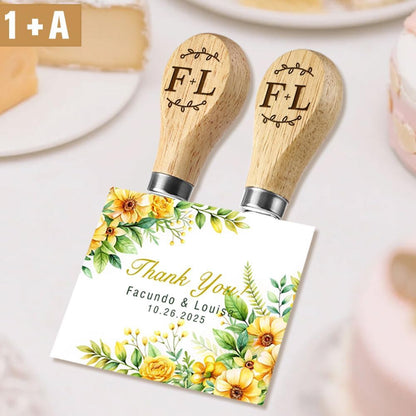 Personalized Wedding Favors with Thank You Cards, Custom Wooden Cheese Knife and Fork, Housewarming Party Favors Set of 6-100