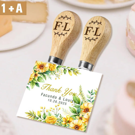 Personalized Wedding Favors with Thank You Cards, Custom Wooden Cheese Knife and Fork, Housewarming Party Favors Set of 6-100