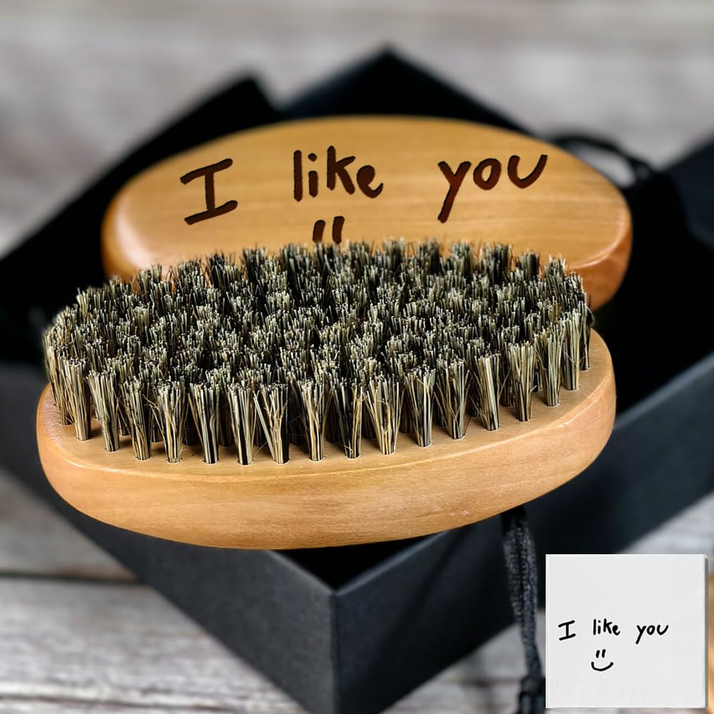 Personalized Handwriting Pattern Beard Comb & Beard Brush Set for Men - Natural Boar Bristle Brush and Dual Action Wood Comb w/Velvet Travel Pouch and Gift Box, Ideal for Grooming Beards and Mustache