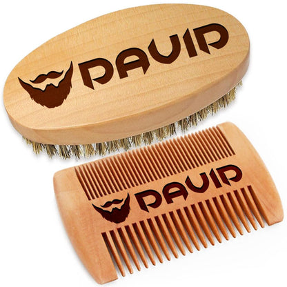 Personalized Name Beard Comb & Beard Brush Set for Men - Natural Boar Bristle Brush and Dual Action Pear Wood Comb w/Velvet Travel Pouch and Gift Box, Ideal for Grooming Beards and Mustache