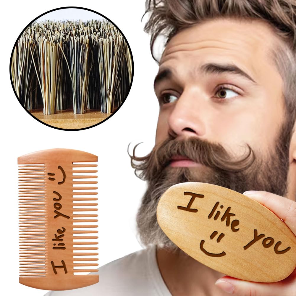 Personalized Handwriting Pattern Beard Comb & Beard Brush Set for Men - Natural Boar Bristle Brush and Dual Action Wood Comb w/Velvet Travel Pouch and Gift Box, Ideal for Grooming Beards and Mustache