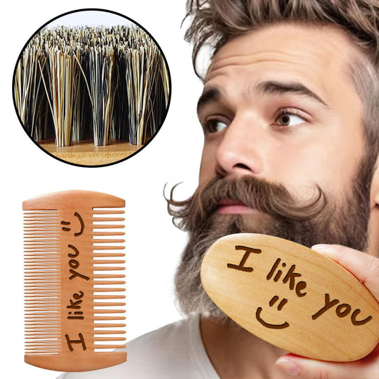 Personalized Handwriting Pattern Beard Comb & Beard Brush Set for Men - Natural Boar Bristle Brush and Dual Action Wood Comb w/Velvet Travel Pouch and Gift Box, Ideal for Grooming Beards and Mustache