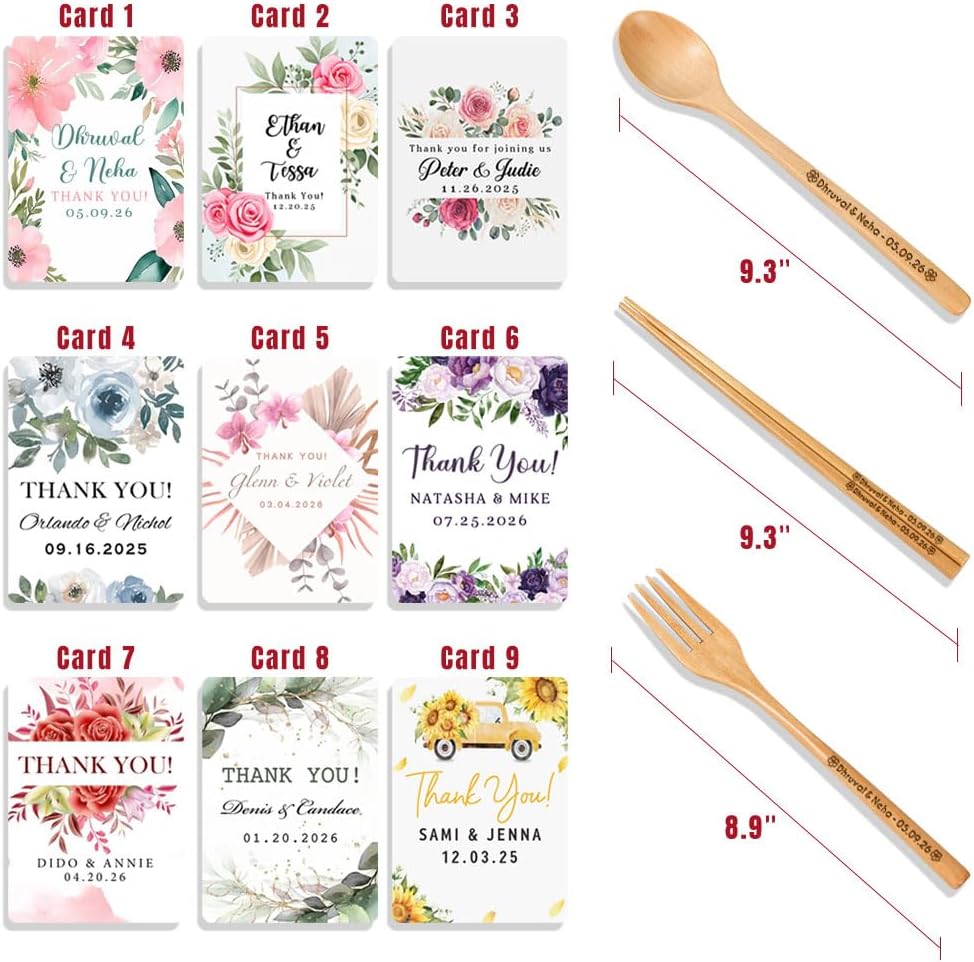 Personalized Wedding Favors with Thank You Cards, Custom Wooden Spoons & Forks & Chopsticks, Housewarming Party Favors, Gifts for Party Guests Set of 5-100