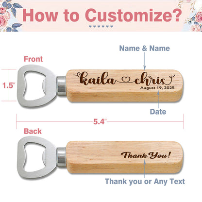 Personalized Wedding Favor Gifts for Guest, Wooden Bottle Openers Set with customized Couple's Name & Wedding Date, Pack of 15 - 100