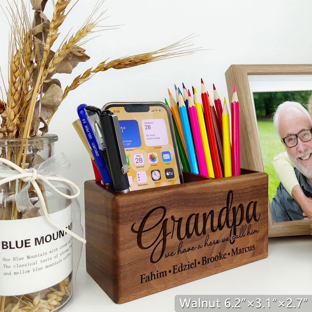 Gifts for Grandpa, Personalized Pen Holder, Custom Name Desk Organizer for Grandfather from Grandson, Granddaughter, Ideal for Father's Day, Retirement gift, Birthday, Christmas