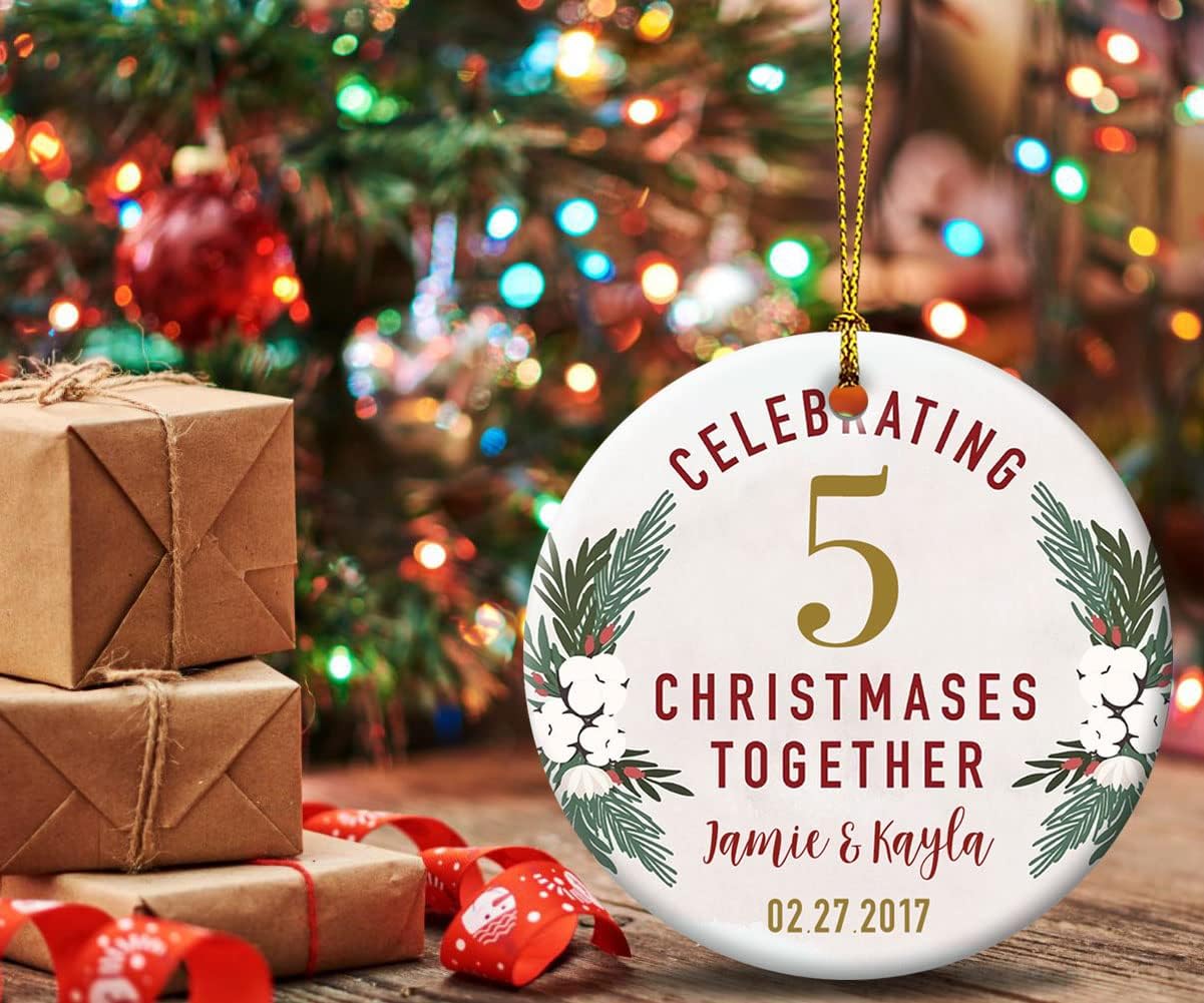 Personalized Christmas Ornaments for Couples, Custom Any Years & Names & Date Wedding for Parents, Grandparents, Wife, Husband, Ceramic Keepsake for Christmas Tree Hanging Decoration