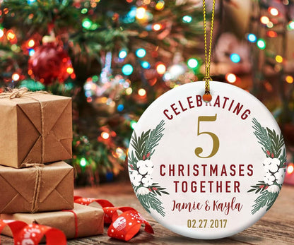 Personalized Christmas Ornaments for Couples, Custom Any Years & Names & Date Wedding for Parents, Grandparents, Wife, Husband, Ceramic Keepsake for Christmas Tree Hanging Decoration